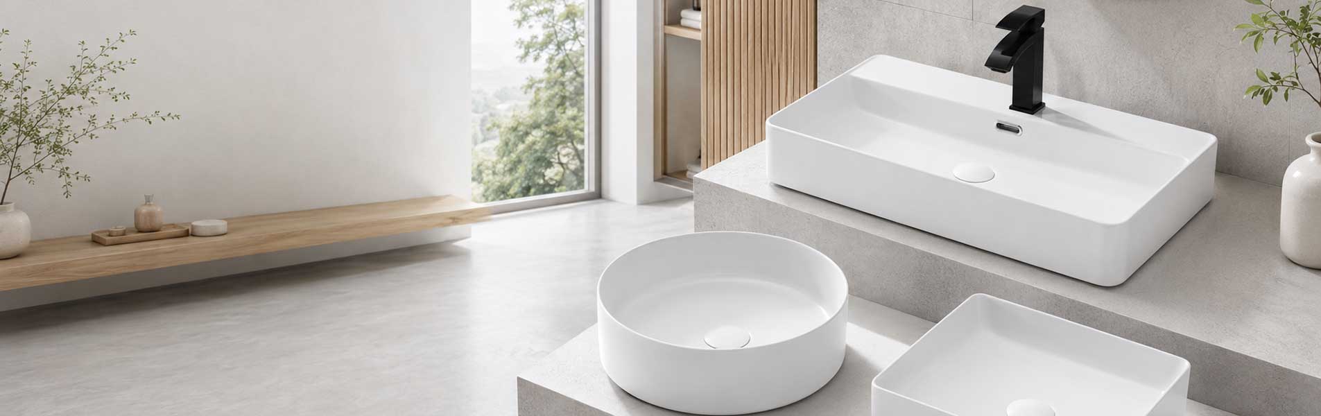 Ba chậu lavabo đặt bàn màu trắng kiểu chữ nhật, tròn và vuông trong không gian phòng tắm sáng