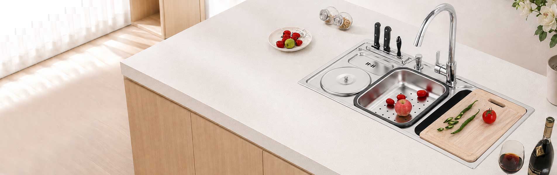 Chậu rửa chén Inox 304 có vòi nước, khay ráo và thớt gỗ trong gian bếp sáng