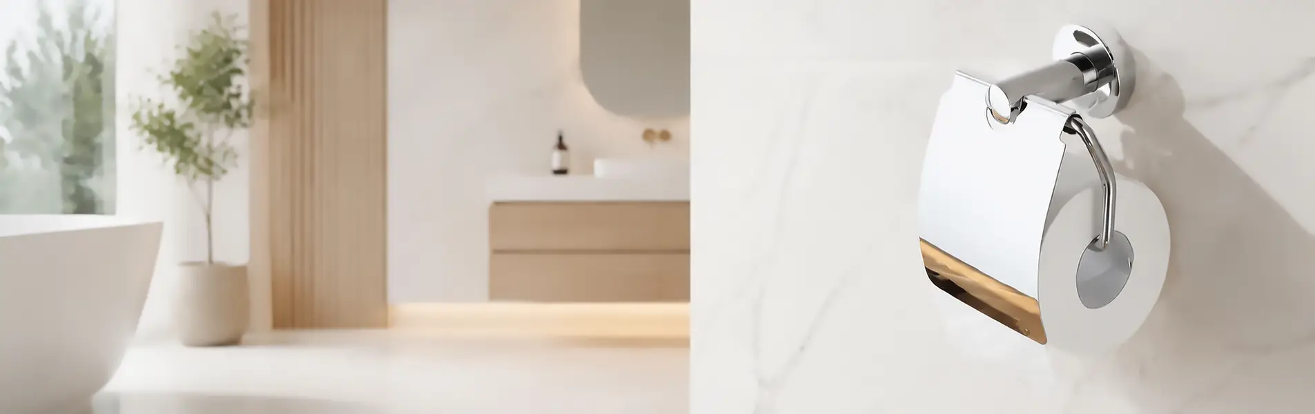 Hộp đựng giấy vệ sinh bằng kim loại sáng bóng có nắp che gắn trên tường gạch xám sáng, bên trong cuộn giấy vệ sinh màu trắng