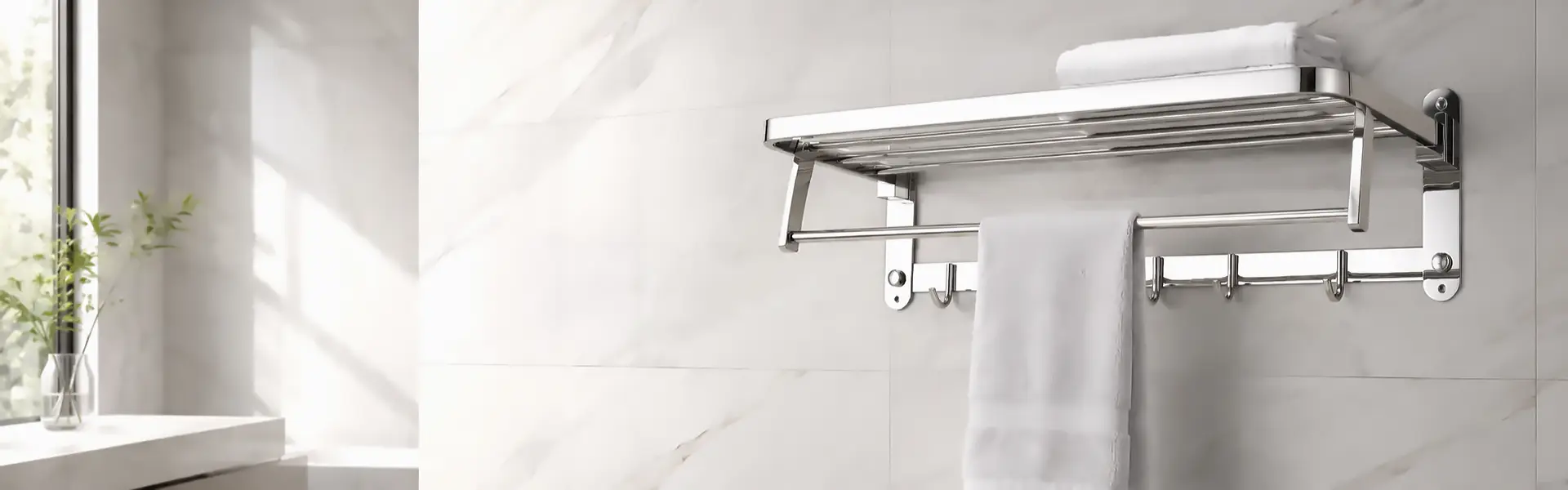 Kệ treo khăn phòng tắm đa năng bằng kim loại sáng bóng gắn trên tường gạch xám sáng, phía trên đặt khăn tắm xếp gọn và phía dưới vắt khăn tắm xám