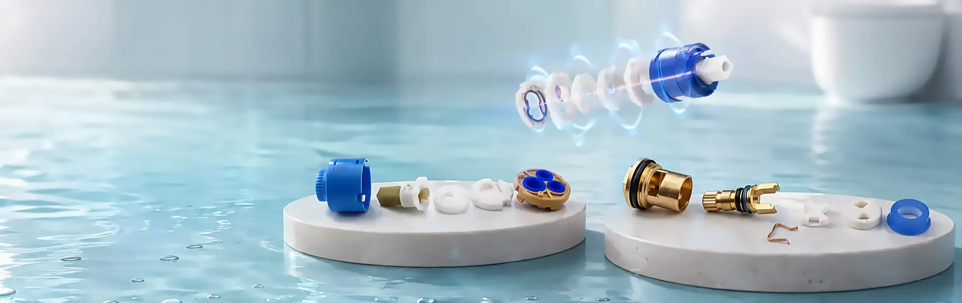 Hai lõi van màu xanh và màu vàng cùng các chi tiết tháo rời đặt trên bục đá giữa nền nước xanh