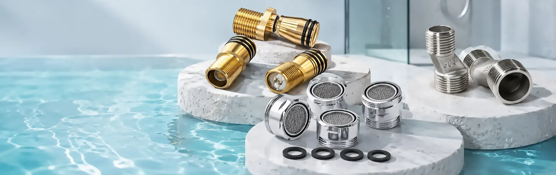 Các đầu nối màu vàng, khớp nối màu bạc, đầu tạo dòng và vòng đệm đặt trên bục đá giữa mặt nước xanh