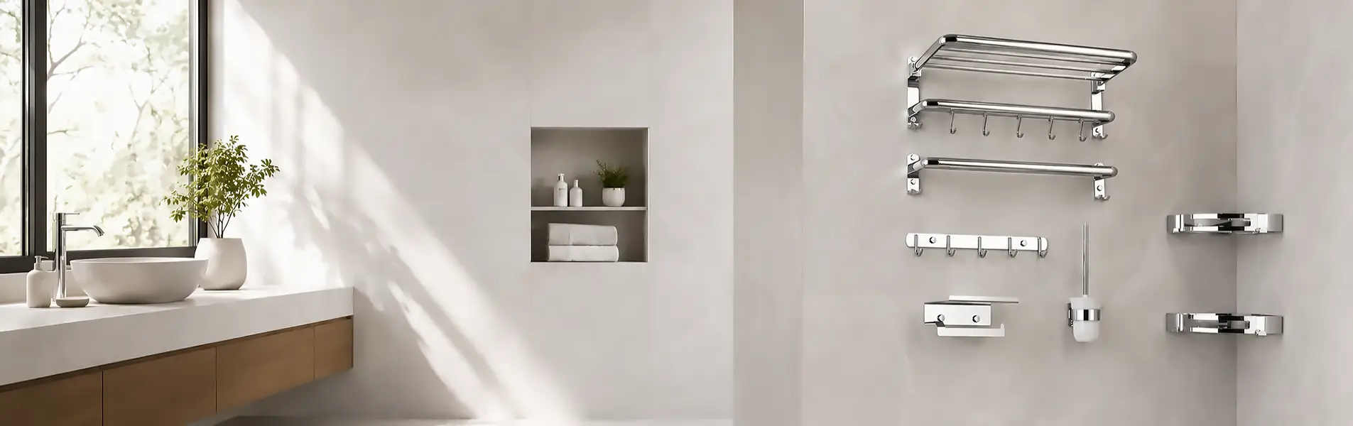 Bộ phụ kiện phòng tắm inox sáng bóng gồm kệ vắt khăn, thanh treo, móc treo, hộp giấy và kệ góc lắp trên tường gạch ốp sáng màu