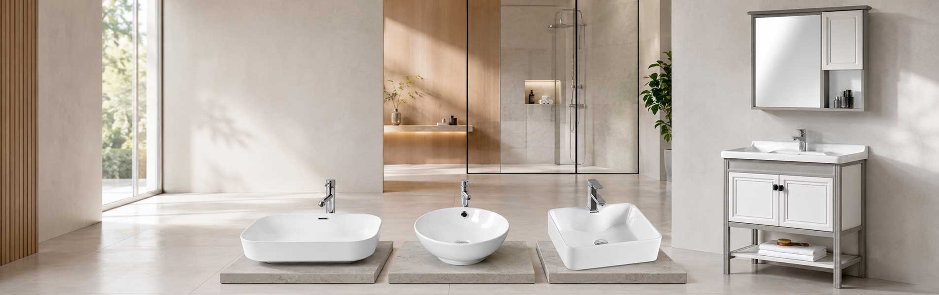 Ba chậu lavabo đặt bàn và bộ tủ lavabo có gương trong phòng tắm hiện đại