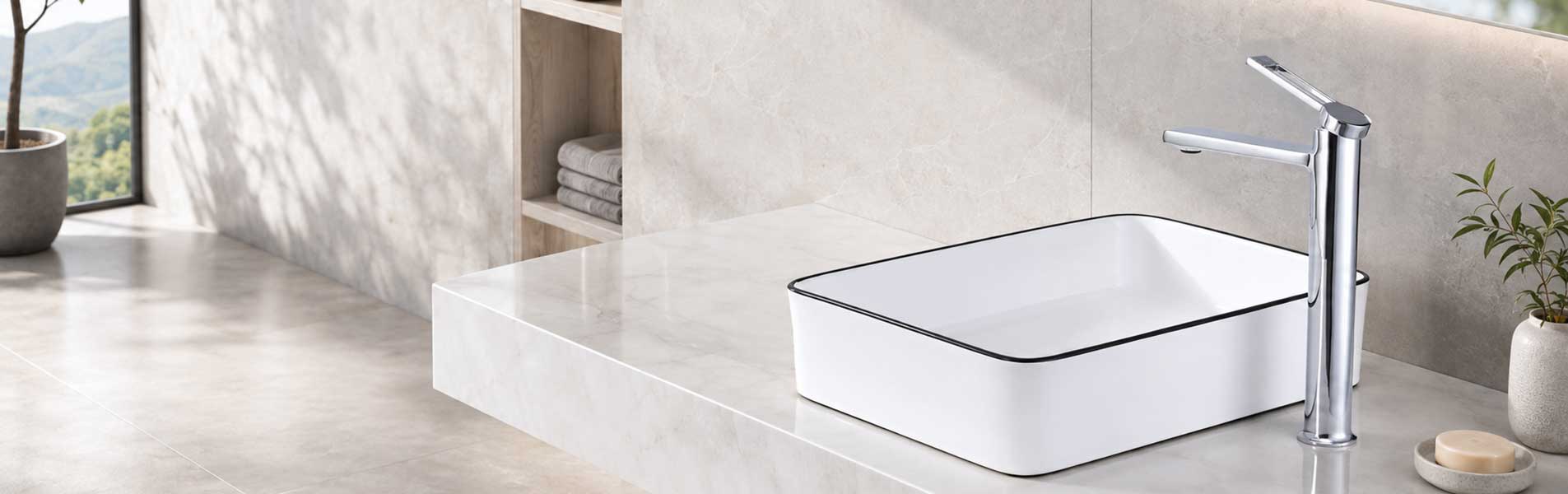 Vòi lavabo nóng lạnh thân cao lắp cạnh chậu rửa đặt bàn trong phòng tắm