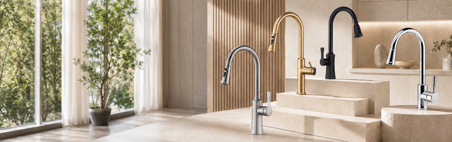 Bốn mẫu vòi rửa chén bếp cổ cao màu bạc, vàng, đen và chrome trong không gian bếp hiện đại