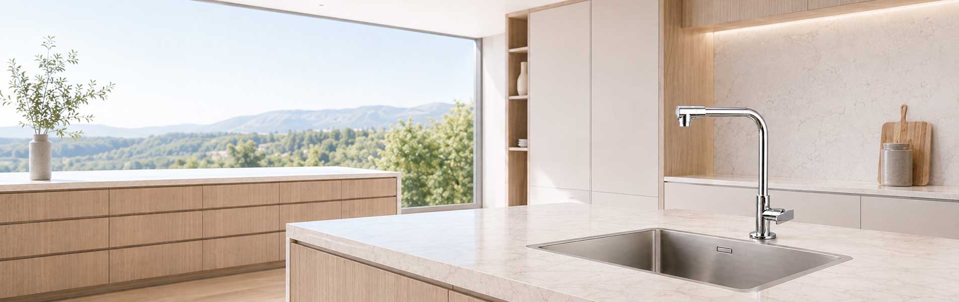 Vòi rửa chén lạnh cổ cao màu chrome lắp bên chậu rửa trong căn bếp sáng