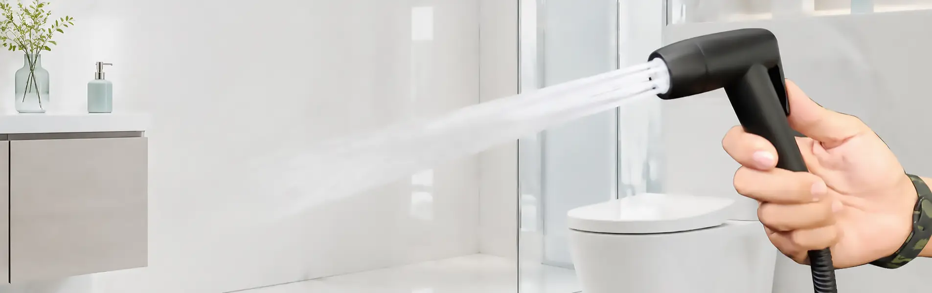Vòi xịt vệ sinh màu đen đang phun nước cạnh bồn cầu trong phòng tắm sáng