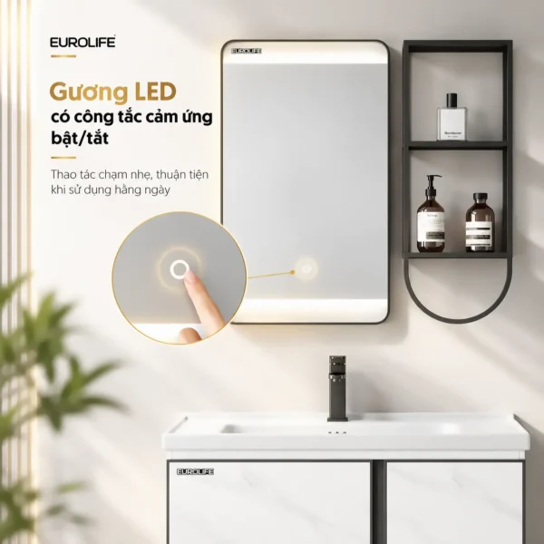 Gương LED Eurolife BLV-AL20 có công tắc cảm ứng bật tắt trên mặt gương, đèn LED viền trên dưới và kệ mở bên phải.