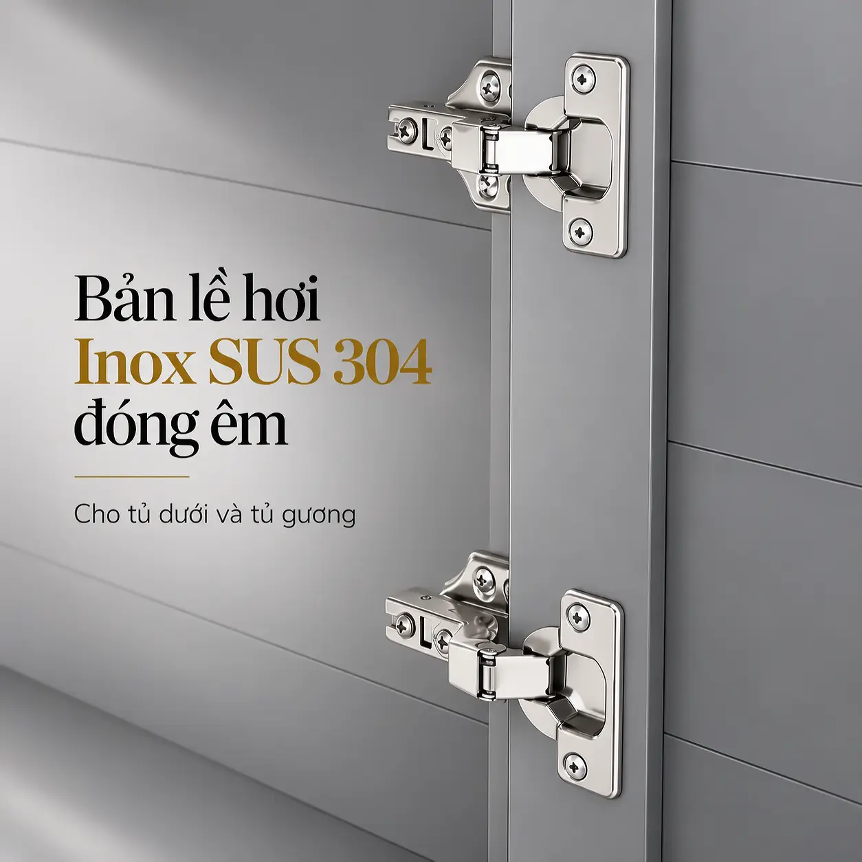 Chi tiết hai bản lề hơi Inox SUS 304 đóng êm sử dụng cho tủ dưới và tủ gương Eurolife BLV-AL18.
