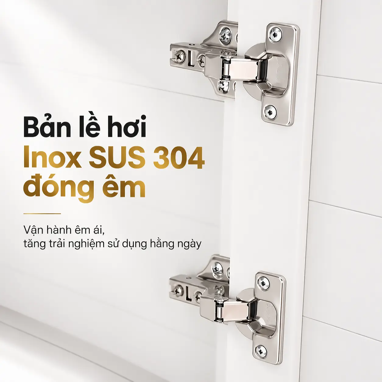 Cận cảnh hai bản lề hơi Inox SUS 304 đóng êm sử dụng cho cánh tủ lavabo nhôm Eurolife BLV-AL20.