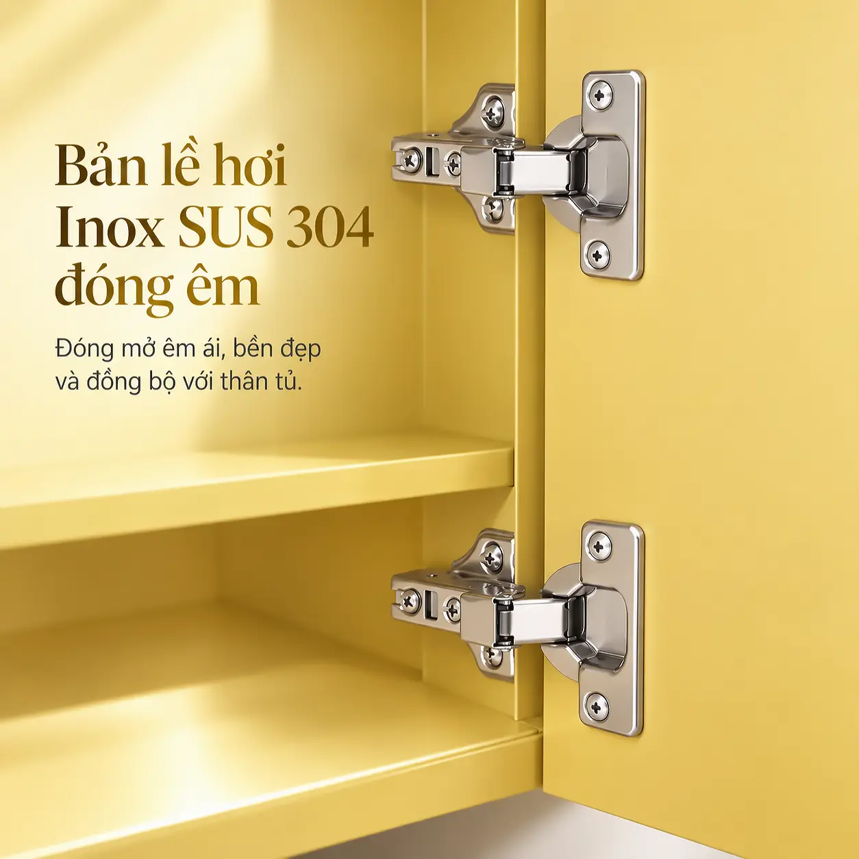 Hai bản lề hơi Inox SUS 304 đóng êm lắp trên cánh tủ lavabo nhôm màu vàng Eurolife BLV-AL21.