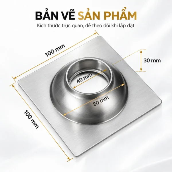 Bản vẽ kích thước thoát sàn Eurolife EL-HG-X11 mặt 100 x 100 mm, phần thân Ø80 mm, cổ Ø40 mm và cao 30 mm