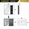 Bản vẽ kích thước tủ lavabo Eurolife BLV-AL19 gồm tủ dưới 600 × 470 × 450 mm, tủ gương 600 × 110 × 550 mm và chậu sứ 600 × 470 mm