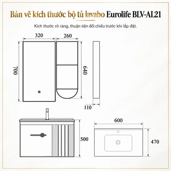 Bản vẽ kích thước tủ lavabo nhôm Eurolife BLV-AL21 với tủ dưới 600x470x500mm, gương LED 320x700mm và kệ mở 260x110x640mm.