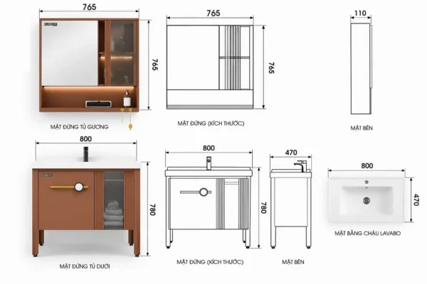 Bản vẽ kích thước tủ lavabo nhôm Eurolife BLV-AL24 80cm, tủ dưới 800 × 470 × 780 mm và tủ gương 765 × 110 × 765 mm.