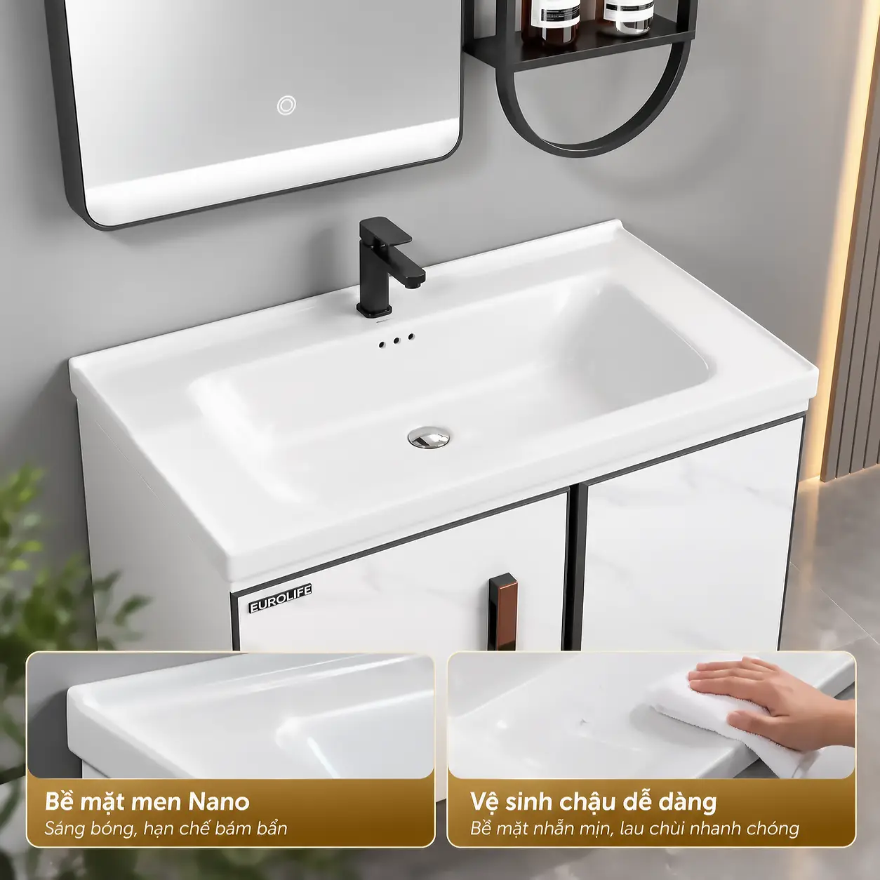 Bề mặt chậu sứ men Nano Eurolife BLV-AL20 màu trắng sáng, hình minh họa thao tác lau vệ sinh chậu bằng khăn mềm.