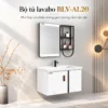 Bộ tủ lavabo nhôm Eurolife BLV-AL20 trắng vân đá 60cm treo tường, kết hợp gương LED cảm ứng và kệ mở hai tầng bên phải.