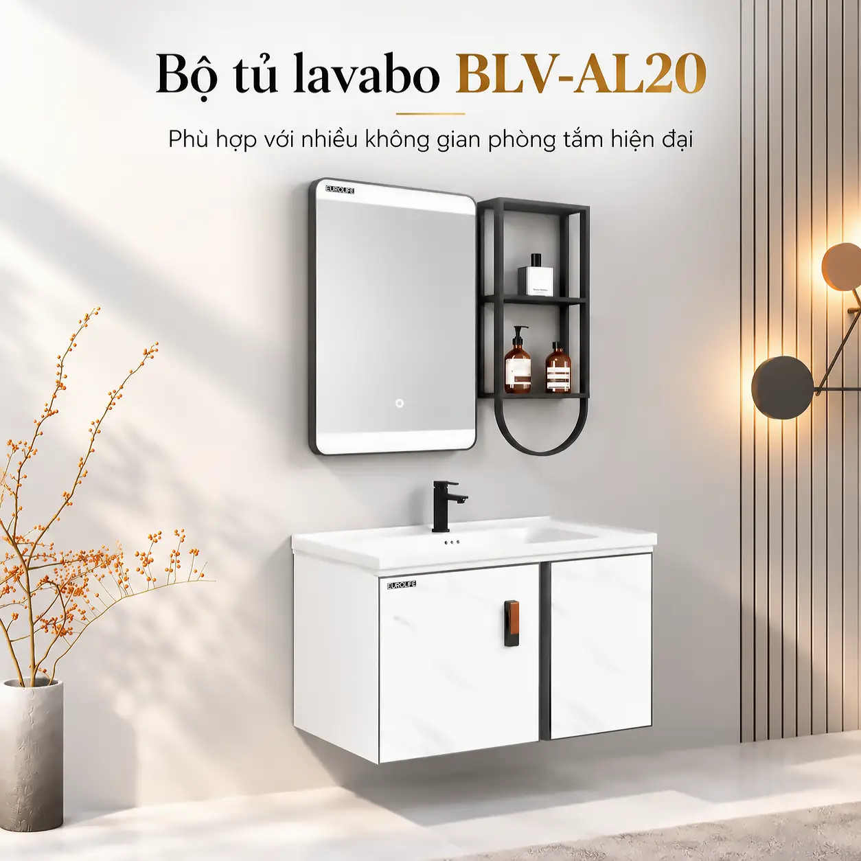 Bộ tủ lavabo nhôm Eurolife BLV-AL20 trắng vân đá 60cm treo tường, kết hợp gương LED cảm ứng và kệ mở hai tầng bên phải.