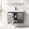 Cánh lớn giả đá trắng xám mở ra để lộ khoang chứa đồ của tủ lavabo nhôm Eurolife BLV-AL19, bên cạnh cánh nhỏ sọc dọc