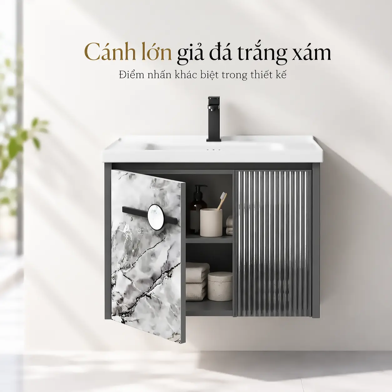 Cánh lớn giả đá trắng xám mở ra để lộ khoang chứa đồ của tủ lavabo nhôm Eurolife BLV-AL19, bên cạnh cánh nhỏ sọc dọc