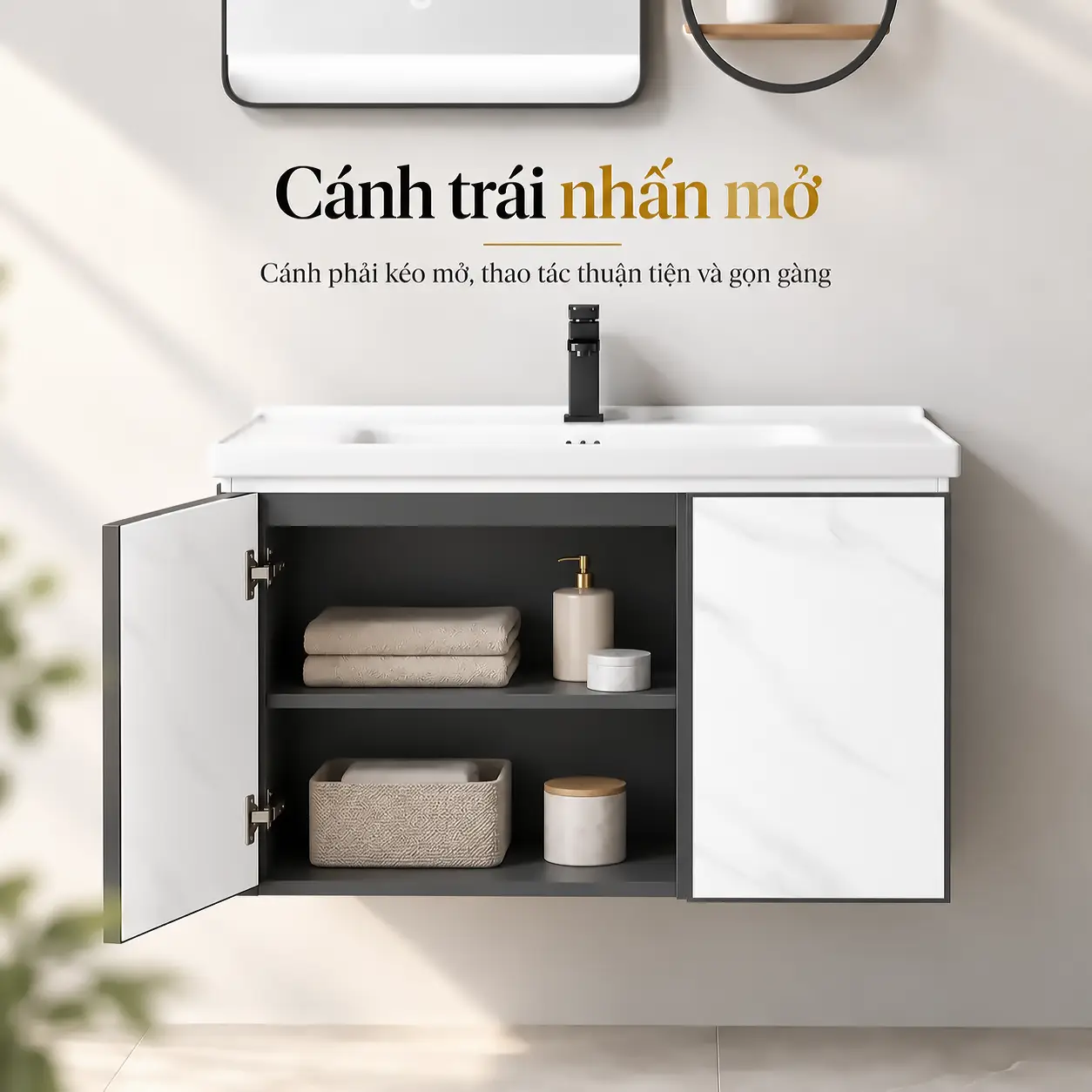 Tủ lavabo nhôm Eurolife BLV-AL20 với cánh trái mở ra, lộ khoang chứa đồ hai tầng và cánh phải kéo mở.