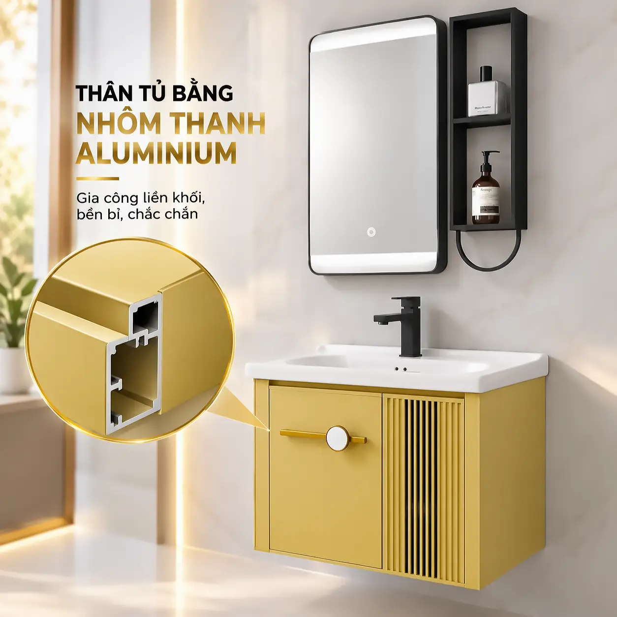 Chi tiết mặt cắt thanh nhôm Aluminium dùng cho thân tủ lavabo Eurolife BLV-AL21, minh họa cấu tạo thanh nhôm có khoang rỗng bên trong.