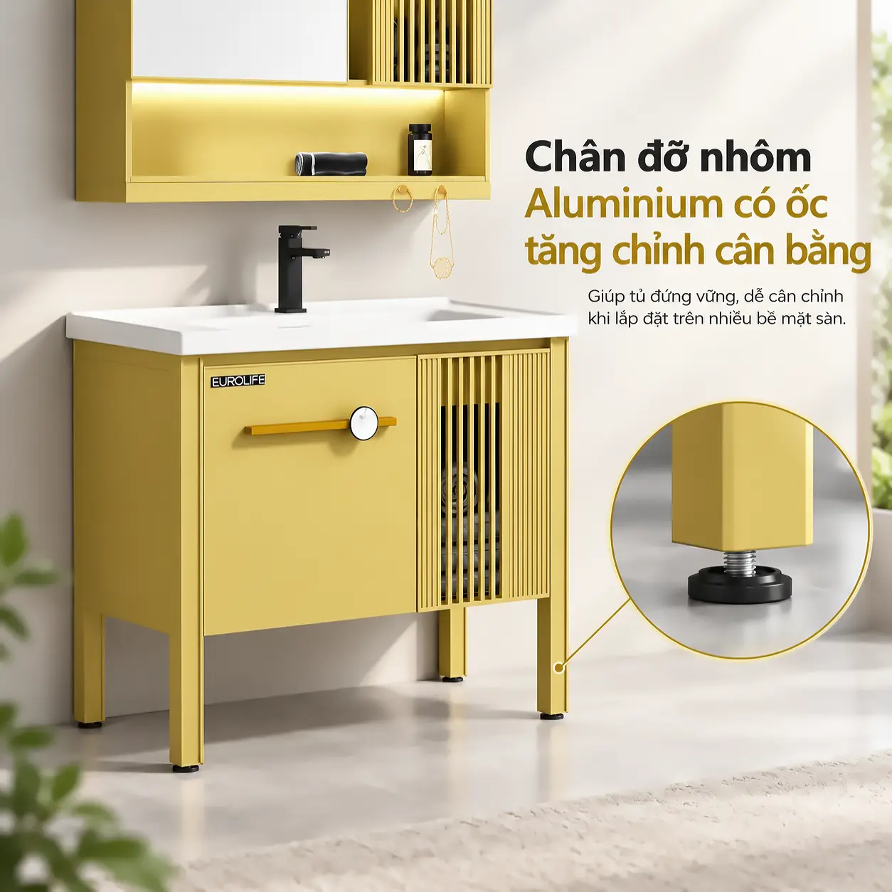 Chân đỡ nhôm Aluminium tủ lavabo Eurolife BLV-AL22 màu vàng có ốc tăng chỉnh cân bằng dưới chân tủ.