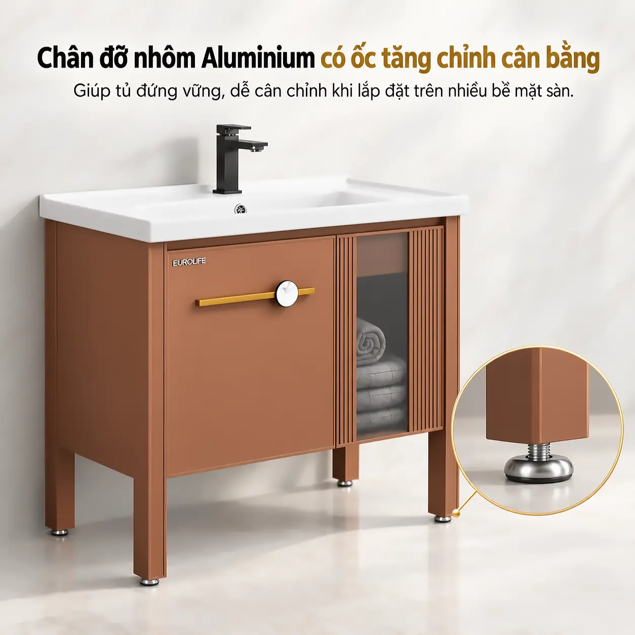 Chân đỡ nhôm Aluminium tủ lavabo Eurolife BLV-AL23/AL24 có ốc tăng chỉnh cân bằng, minh họa chi tiết chân tủ.