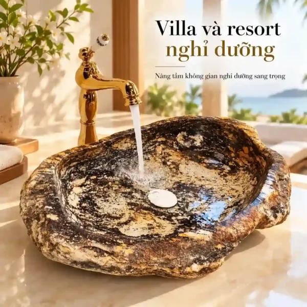 Chậu đá cuội tự nhiên Eurolife LVB-DTN4150 phối vòi vàng trong phòng tắm villa và resort nghỉ dưỡng