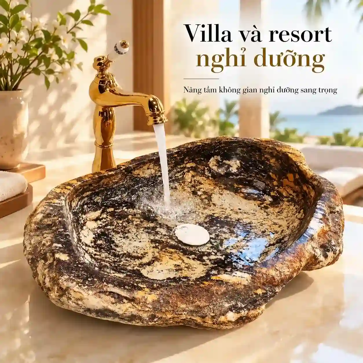 Chậu đá cuội tự nhiên Eurolife LVB-DTN4150 phối vòi vàng trong phòng tắm villa và resort nghỉ dưỡng