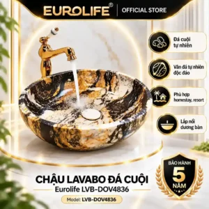 Chậu lavabo đá cuội Eurolife LVB-DOV4836 hình Oval 48cm, đá tự nhiên nguyên khối, bảo hành 5 năm.