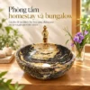 Chậu lavabo đá cuội tròn Eurolife LVB-DTR4040 trong phòng tắm homestay và bungalow có bàn gỗ tự nhiên