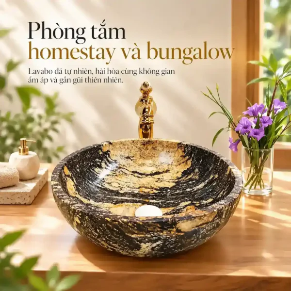 Chậu lavabo đá cuội tròn Eurolife LVB-DTR4040 trong phòng tắm homestay và bungalow có bàn gỗ tự nhiên