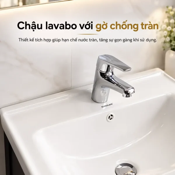 Cận cảnh chậu lavabo sứ trắng Eurolife BLV-AL18 với thiết kế gờ chống tràn và bề mặt chậu liền mặt.