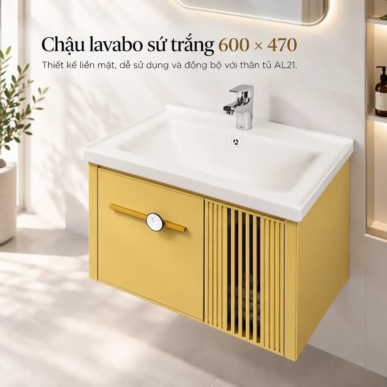 Chậu lavabo sứ trắng liền mặt 600x470mm trên tủ nhôm Eurolife BLV-AL21 màu vàng, hai cánh phối nan dọc.