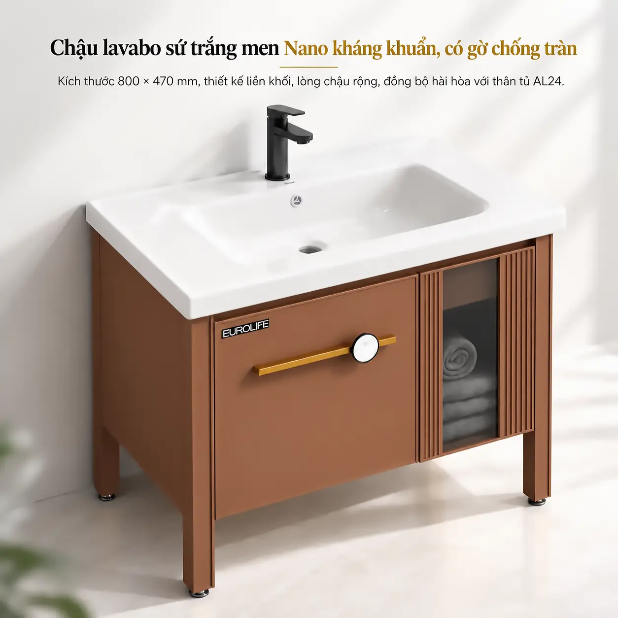 Chậu lavabo sứ trắng men Nano kháng khuẩn Eurolife BLV-AL24 kích thước 800 × 470 mm, có gờ chống tràn.