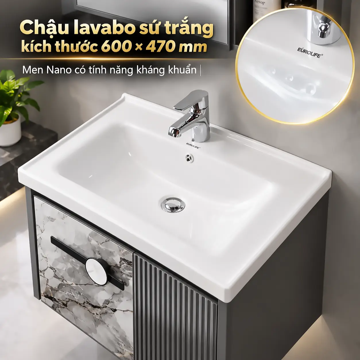 Chậu lavabo sứ trắng men Nano Eurolife BLV-AL19 kích thước 600 × 470 mm với lòng chậu và gờ chống tràn