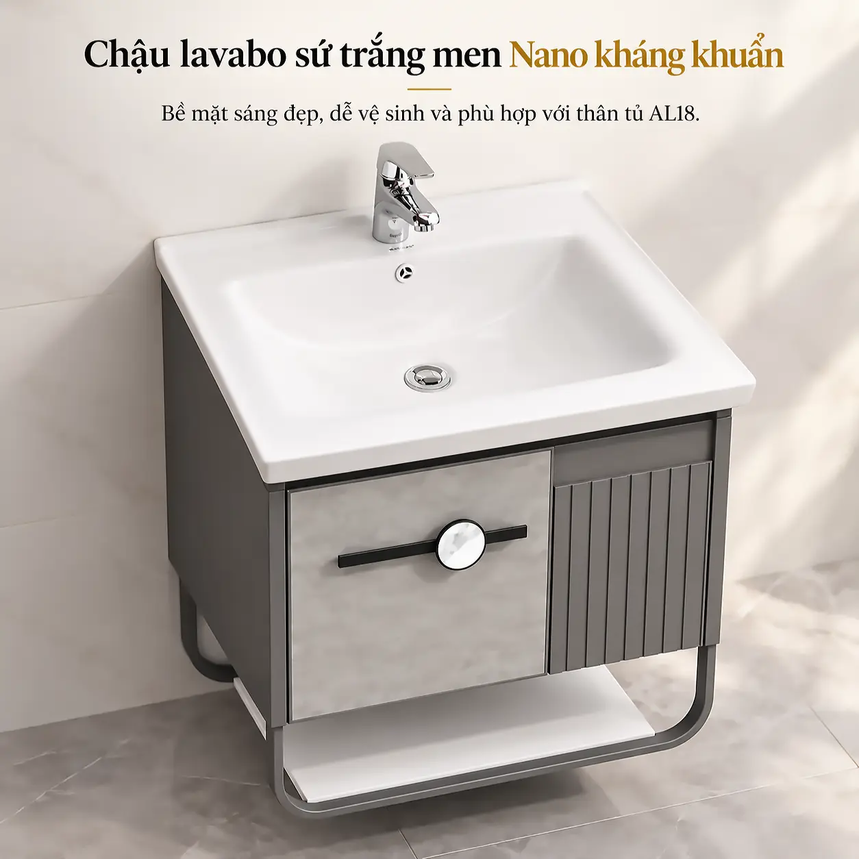 Chậu lavabo sứ trắng men Nano kháng khuẩn trên tủ nhôm Eurolife BLV-AL18, phối cánh xám sáng và xám đậm sọc dọc.