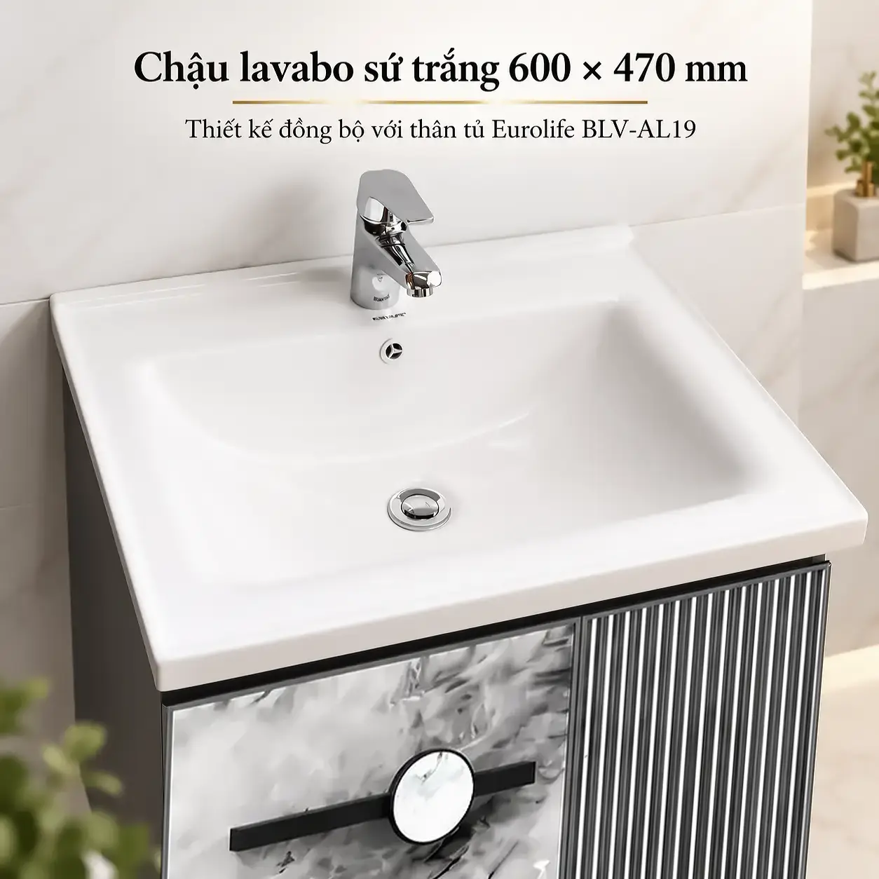 Góc nghiêng chậu lavabo sứ trắng kết hợp tủ vanity nhôm Eurolife BLV-AL19 có cánh giả đá xám và sọc dọc