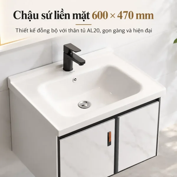 Chậu lavabo sứ trắng liền mặt kích thước 600 × 470mm của tủ lavabo nhôm Eurolife BLV-AL20, có gờ chống tràn.