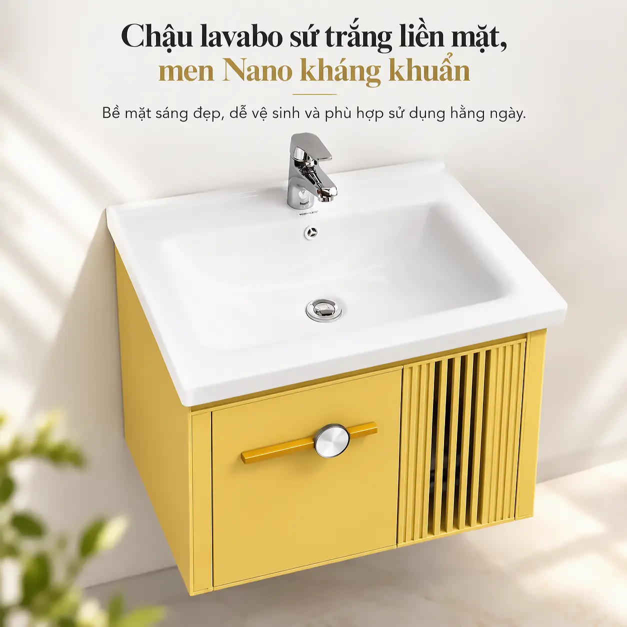 Chậu lavabo sứ trắng liền mặt men Nano kháng khuẩn của Eurolife BLV-AL21, kết hợp thân tủ nhôm màu vàng và cánh nan dọc.