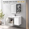 Hình tổng hợp đặc điểm tủ lavabo nhôm Eurolife BLV-AL20 gồm gương LED cảm ứng, kệ mở hai tầng, bản lề Inox 304 và chậu sứ men Nano.