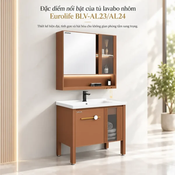 Bộ tủ lavabo nhôm Eurolife BLV-AL23/AL24 màu nâu gụ trong không gian phòng tắm sáng, kết hợp chậu sứ và tủ gương LED.