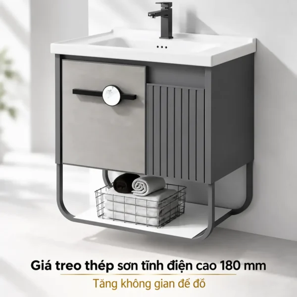 Giá treo thép sơn tĩnh điện cao 180 mm bên dưới tủ lavabo nhôm Eurolife BLV-AL18, có kệ để khăn và đồ dùng.