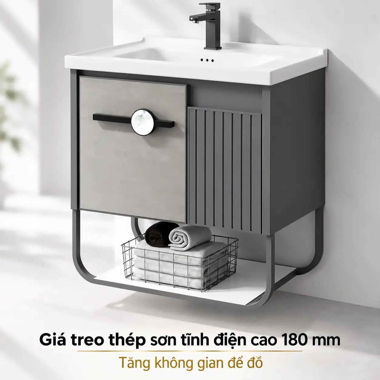 Giá treo thép sơn tĩnh điện cao 180 mm bên dưới tủ lavabo nhôm Eurolife BLV-AL18, có kệ để khăn và đồ dùng.