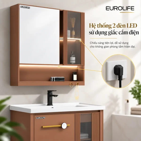Hệ thống hai đèn LED tủ gương Eurolife BLV-AL23/AL24 sử dụng giắc cắm điện, chiếu sáng khoang chứa và kệ dưới.