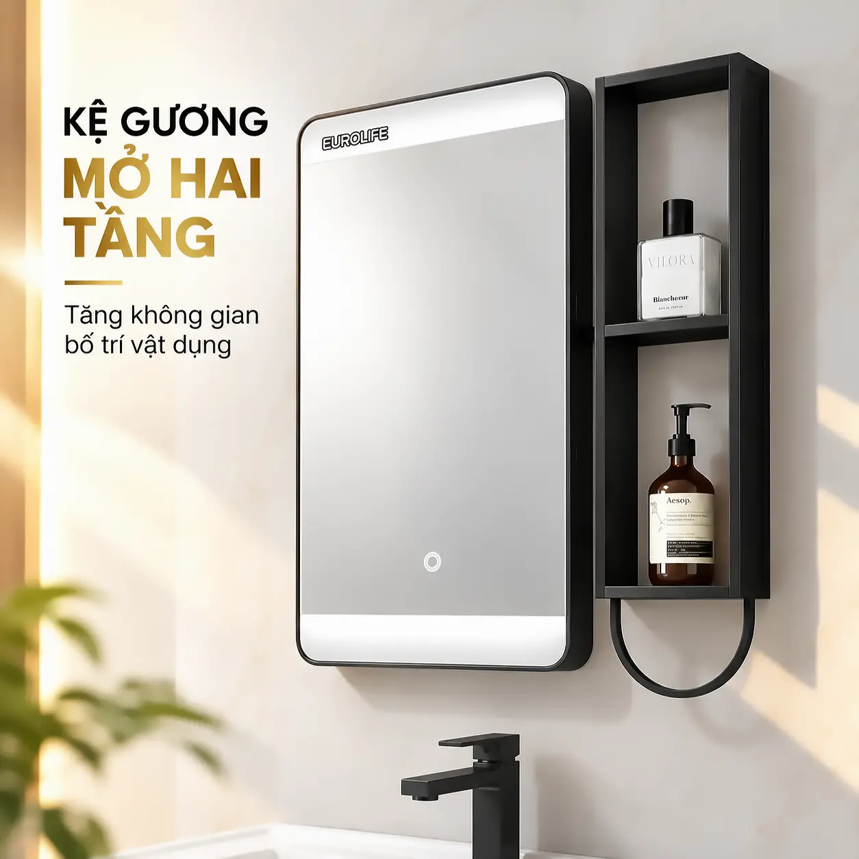 Kệ gương mở độc lập hai tầng màu đen Eurolife BLV-AL21 đặt cạnh gương LED cảm ứng, thiết kế đáy cong.