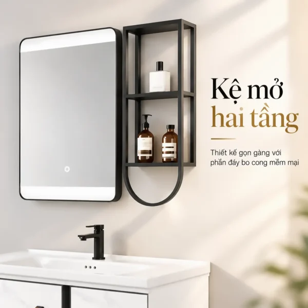 Kệ mở hai tầng màu tối của bộ tủ lavabo Eurolife BLV-AL20, bố trí bên phải gương LED với phần đáy khung bo cong.