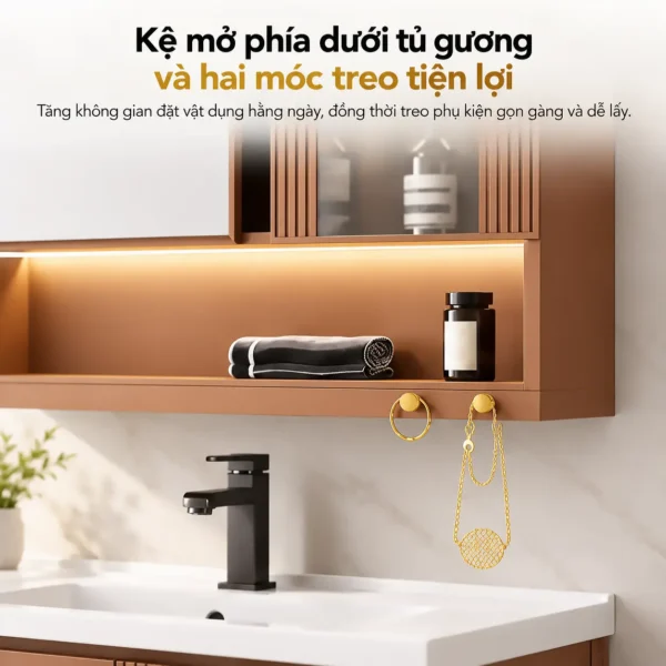 Kệ mở dưới tủ gương Eurolife BLV-AL23/AL24 kết hợp đèn LED và hai móc treo phụ kiện tiện lợi trong phòng tắm.